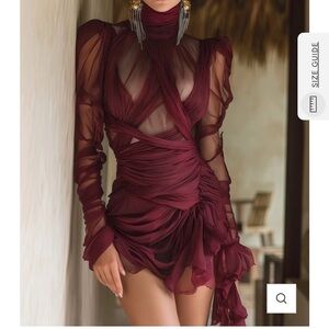 Draped Sheer Mini Dress in Wine-Red